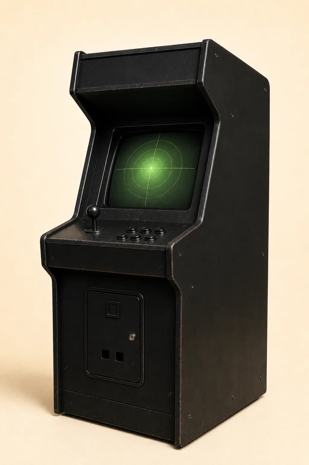 Black arcade cabinet with a green screen