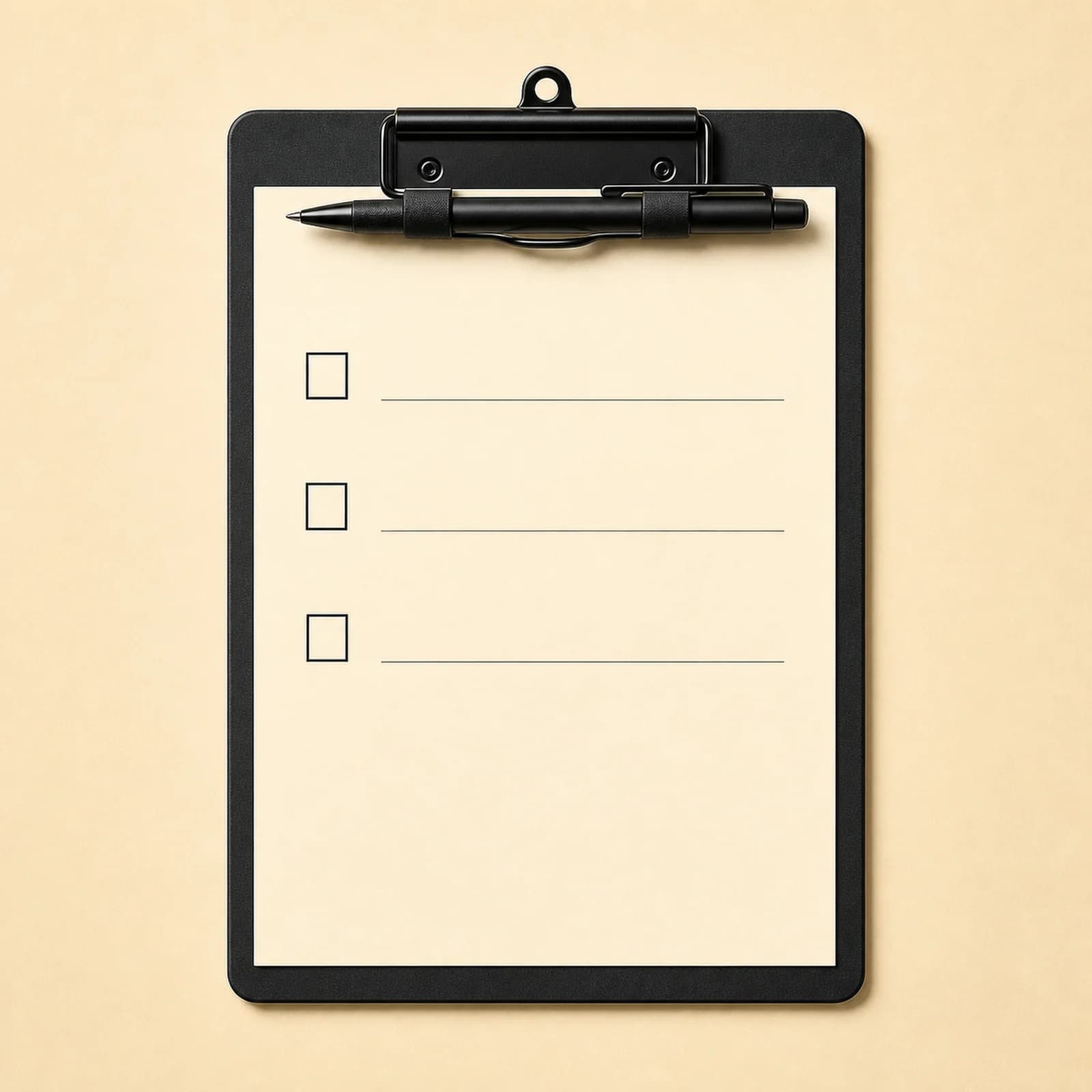 Black clipboard holding a blank checklist sheet