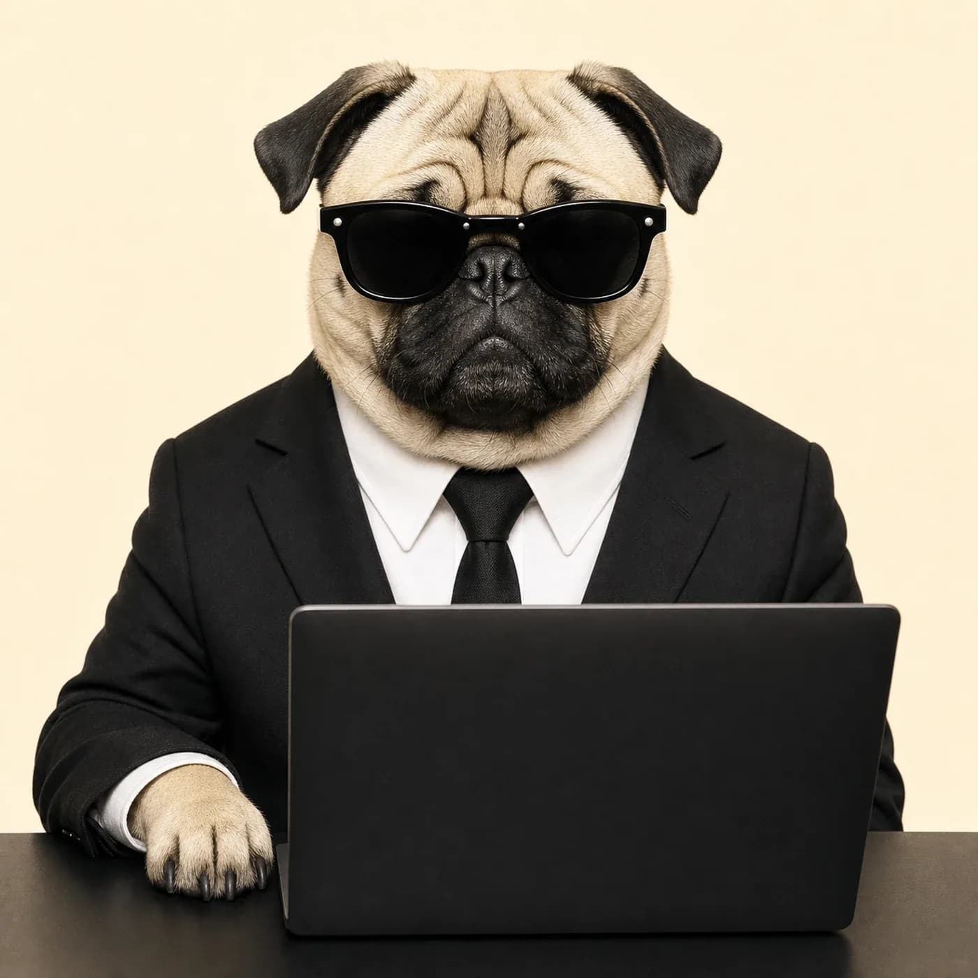 Pug in a black suit at a desk with a laptop