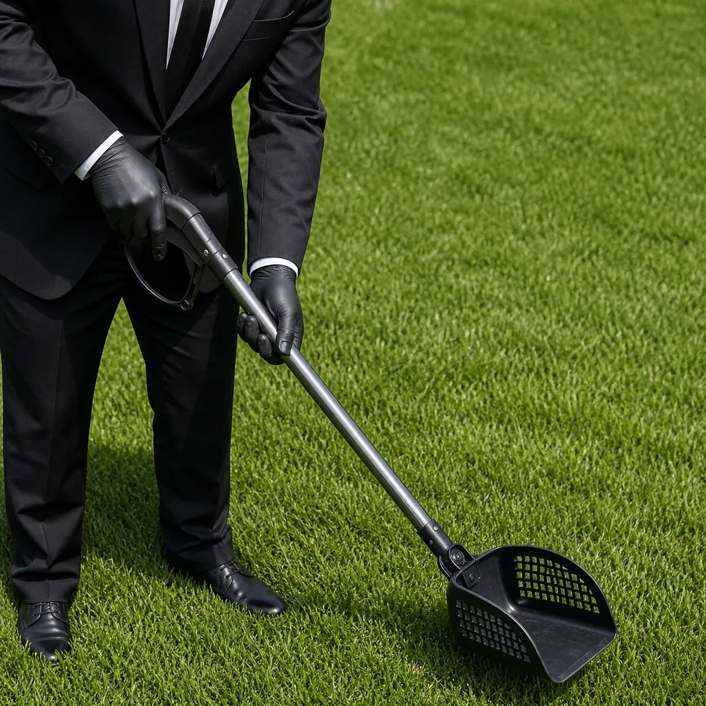 Suited arm with black gloves running a professional scooper over a green lawn