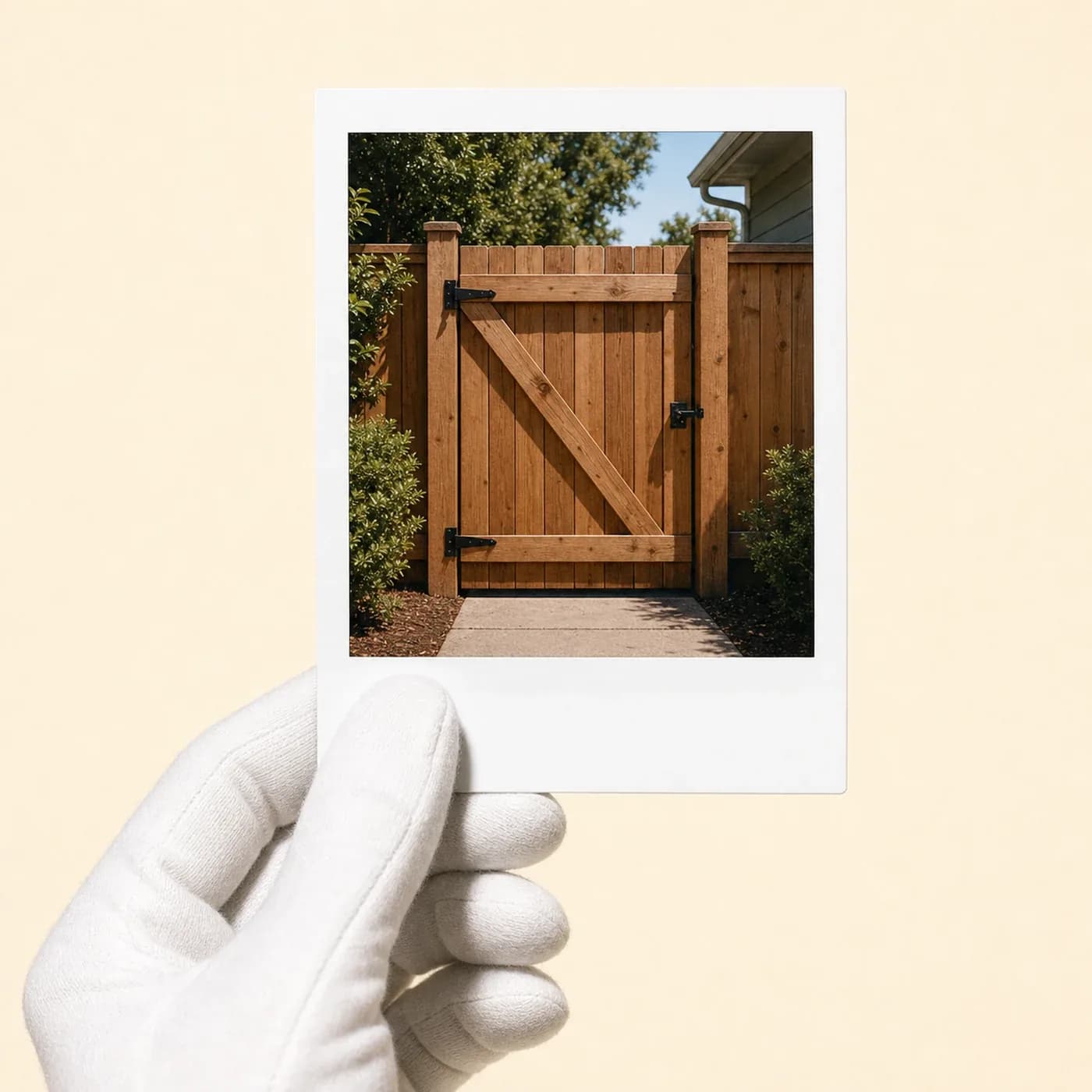 White-gloved hand holding a polaroid photo of a closed gate