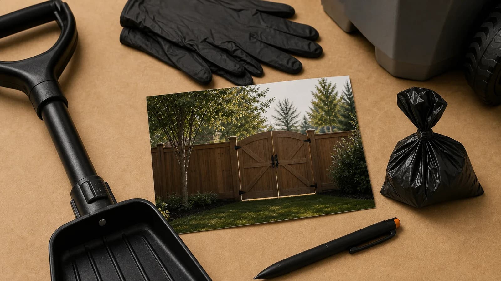 Warm paper cleanup proof still-life with yard service details