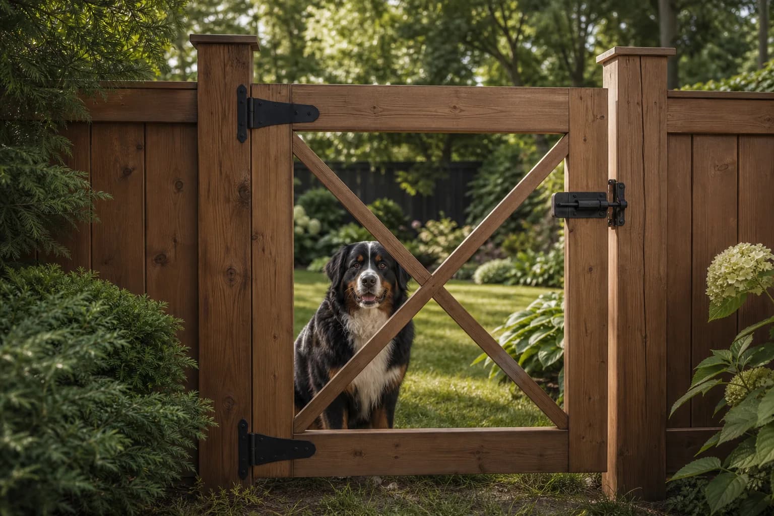 Service illustration of a closed cedar gate with a Bernese Mountain Dog safely inside the yard