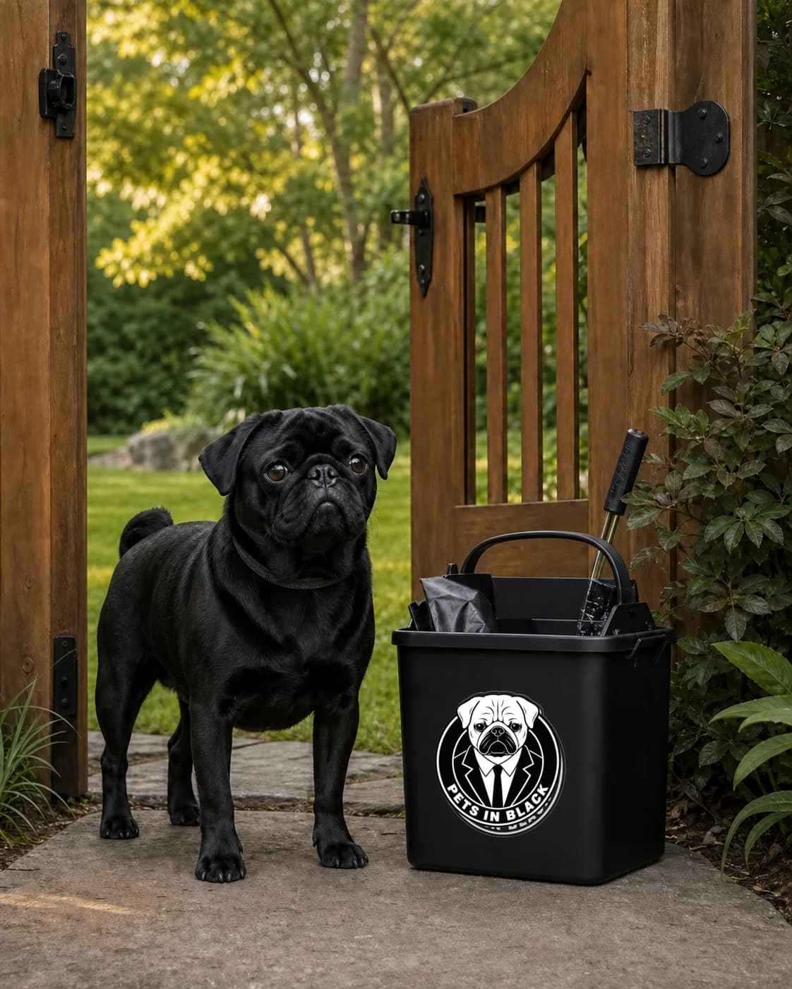 Campaign illustration of a black pug beside a matte-black Pets In Black cleanup caddy at a cedar gate