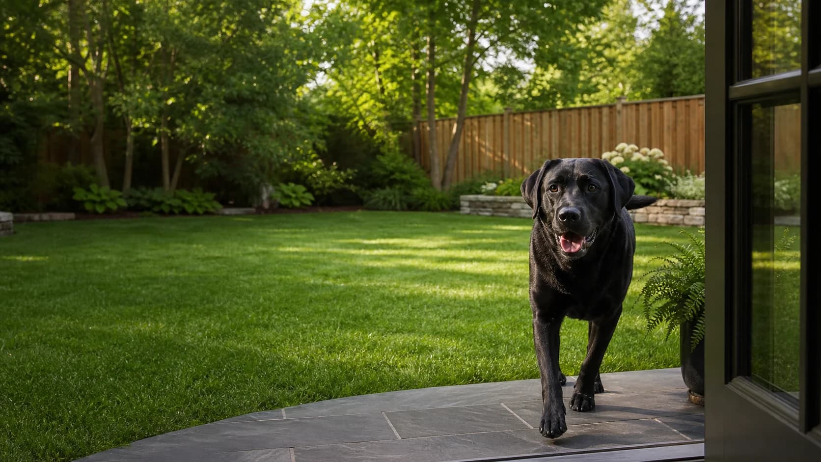 Campaign illustration of a black dog stepping from a home into a clean green yard